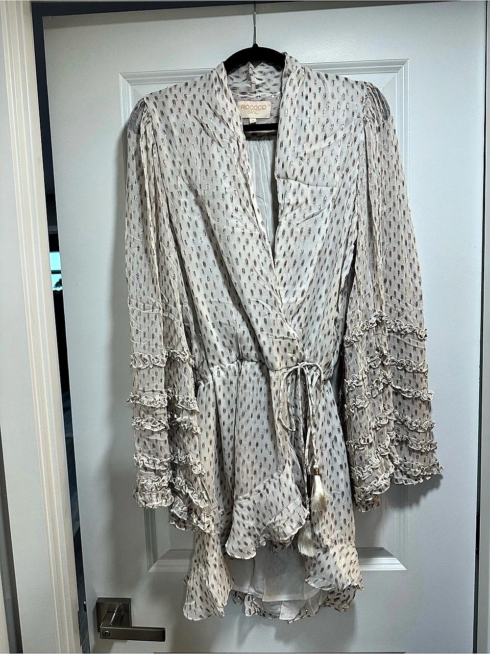Rococo Sand Metallic Lurex Ruffle Wrap Mini Dress Ivory Size 
Small Like New
